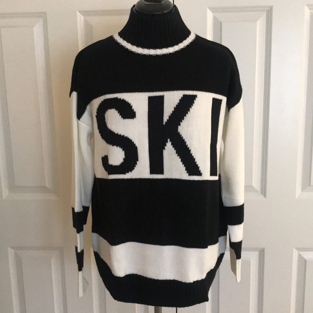New Black and White SKI Knit Mock Turtleneck Striped Sweater Skiing M to…